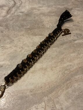 Black Braided Cotton Goldtone Chain & Stud Bracelet with Toggle Closure